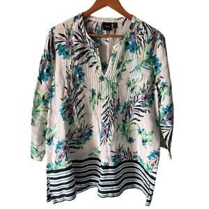Rafaella Linen Blouse Women Size Large White Floral Tunic Top  Pleated V-Neck